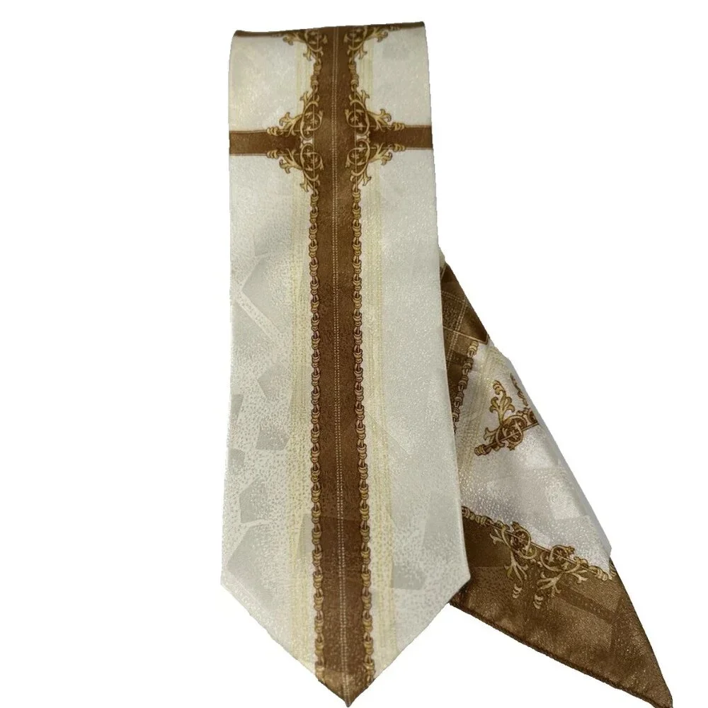 Fratello Boys Tie Hanky Set Cream Gold Yellow Beige Polyester 3.75